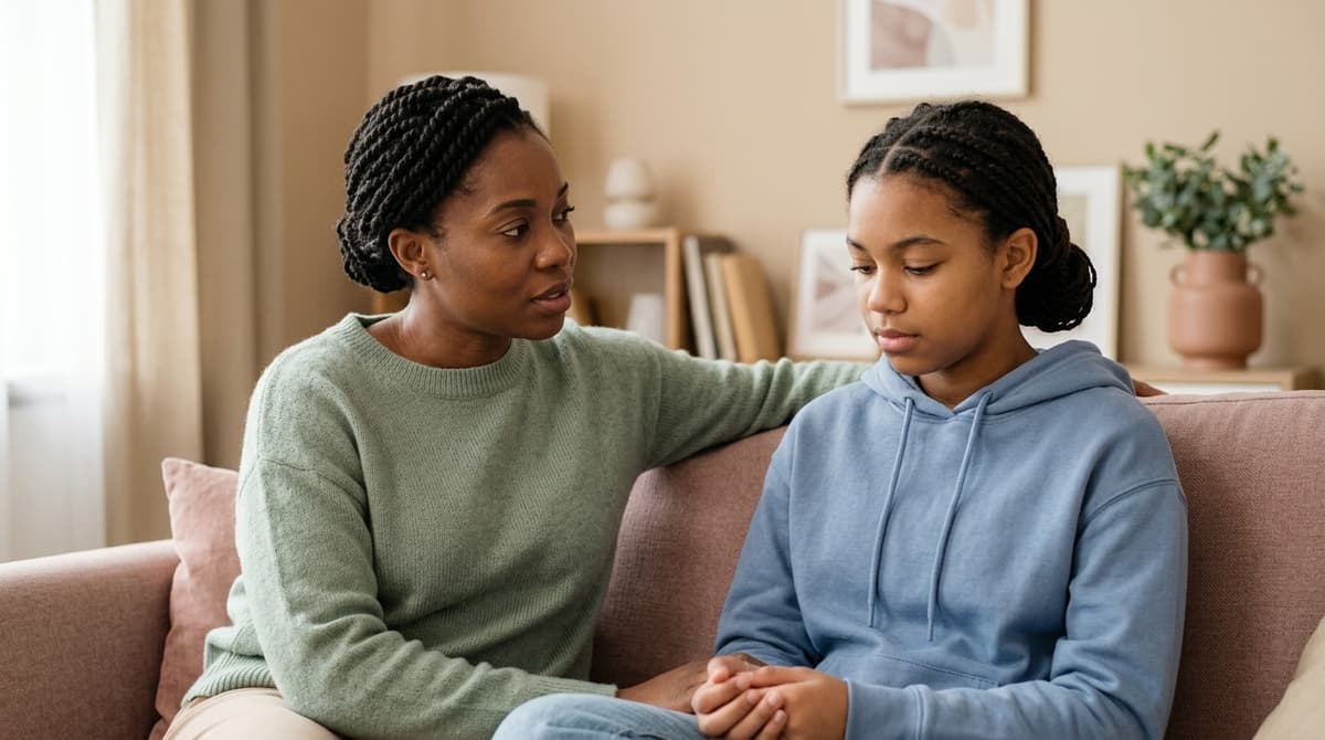 Mère et adolescente en conversation bienveillante sur le canapé, abordant le mal-être et la santé mentale