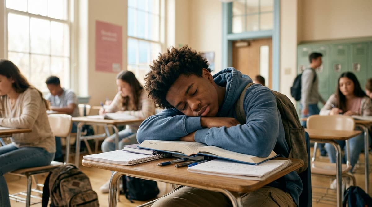 Adolescent épuisé qui s'endort sur son bureau en classe par manque de sommeil