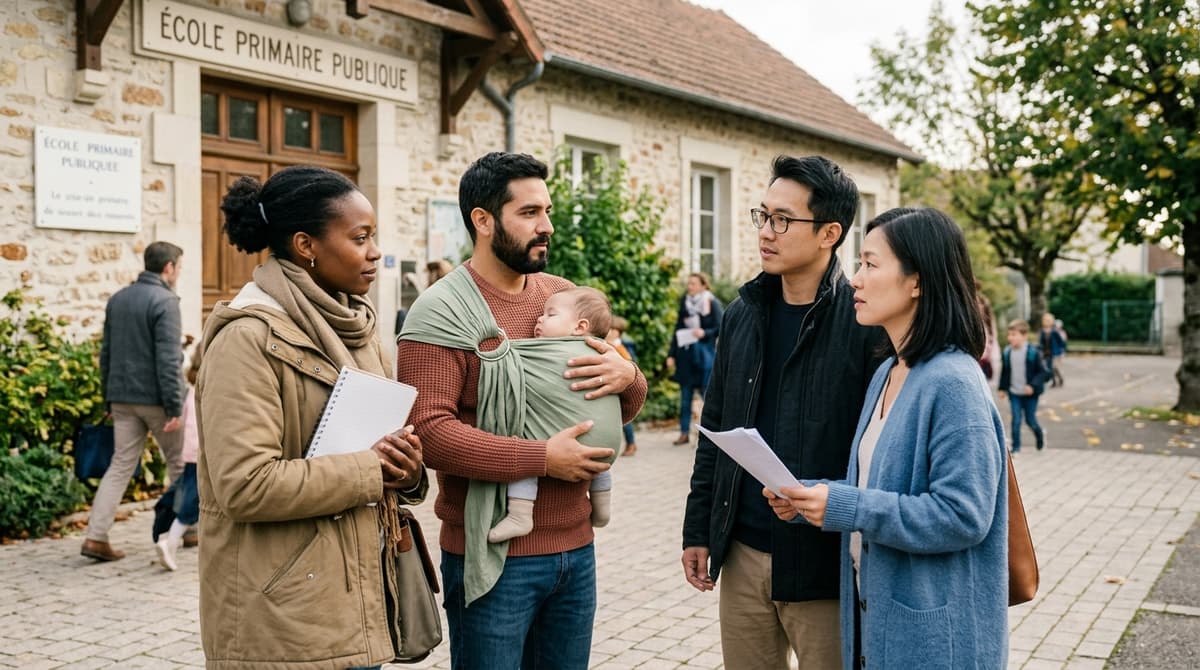 Parents devant une école primaire française exprimant leur inquiétude sur la sécurité périscolaire