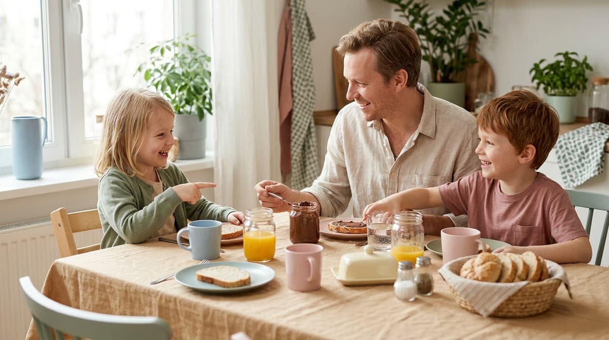 Papa et ses enfants partagent un petit-déjeuner du dimanche avec jus d'orange et tartines, dans une ambiance familiale détendue et joyeuse