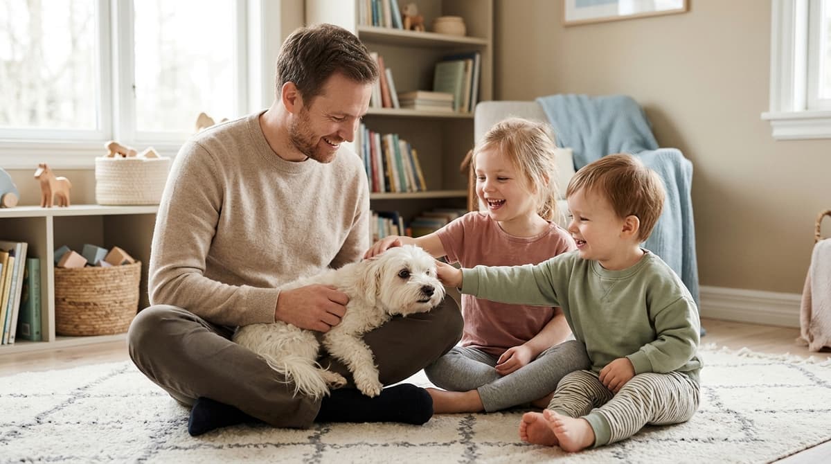 Père et enfants jouant avec leur petit chien blanc dans le salon familial