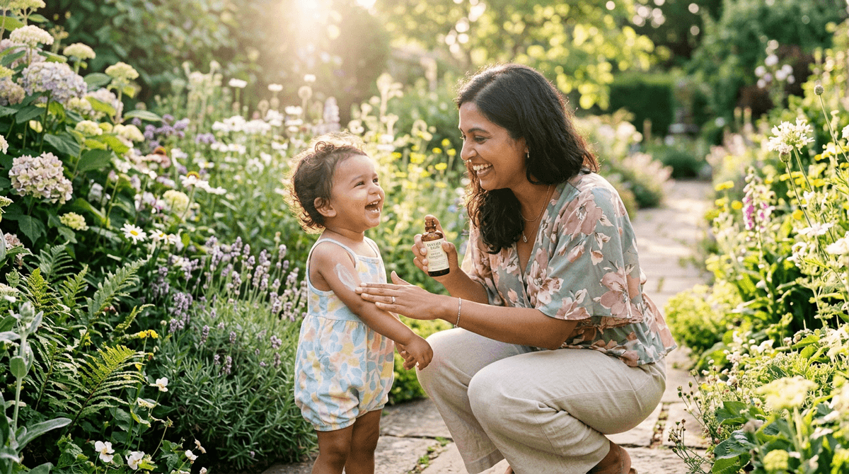 Maman appliquant un répulsif anti-moustique naturel sur son enfant dans le jardin en été