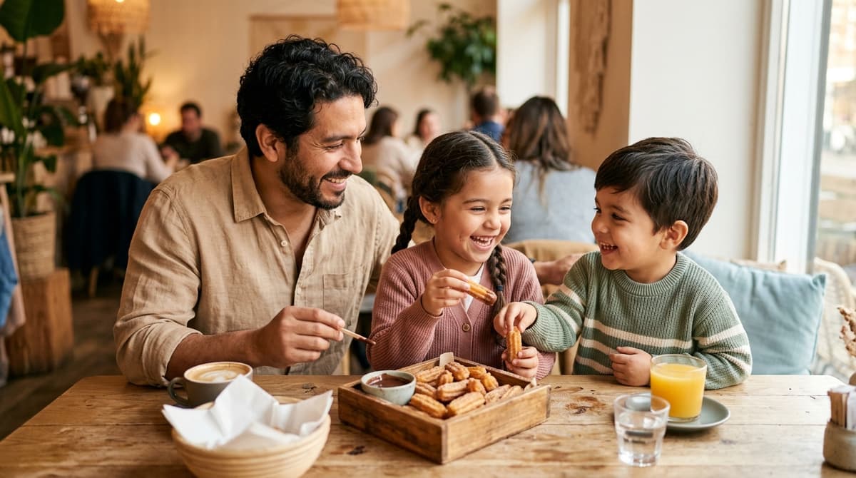 Papa et enfants partageant des mini churros lors d'un goûter en famille au restaurant