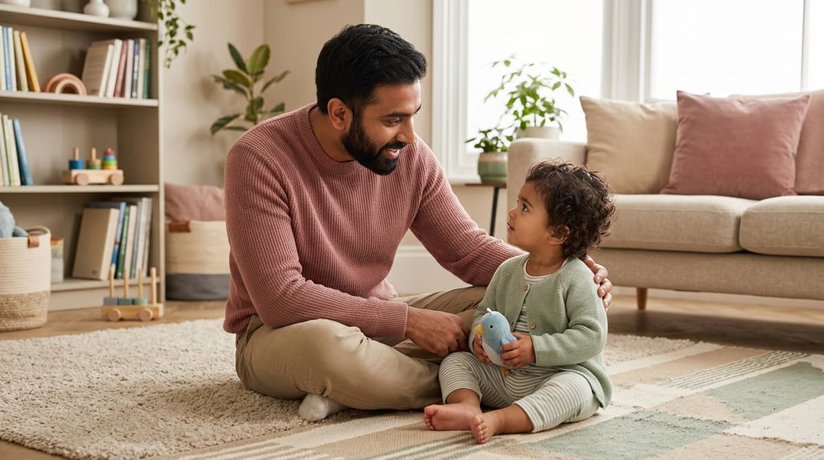 Père et enfant en bas âge ayant une conversation bienveillante à la maison, dans un environnement sécurisé et chaleureux