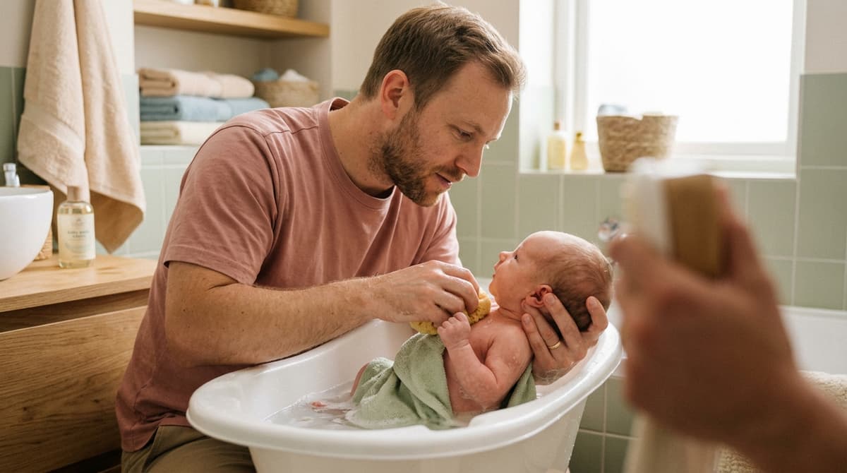 Père tenant son nourrisson en sécurité dans le bain avec les deux mains