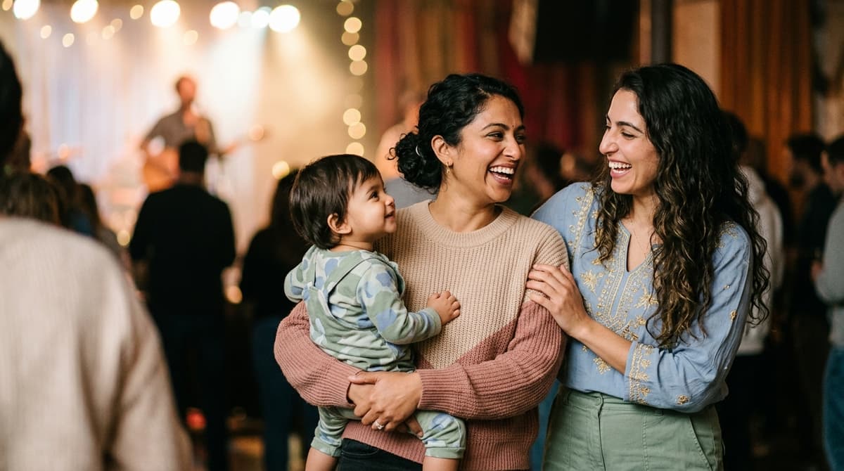 Deux amies émues et souriantes lors d'un spectacle sur la maternité et la féminité