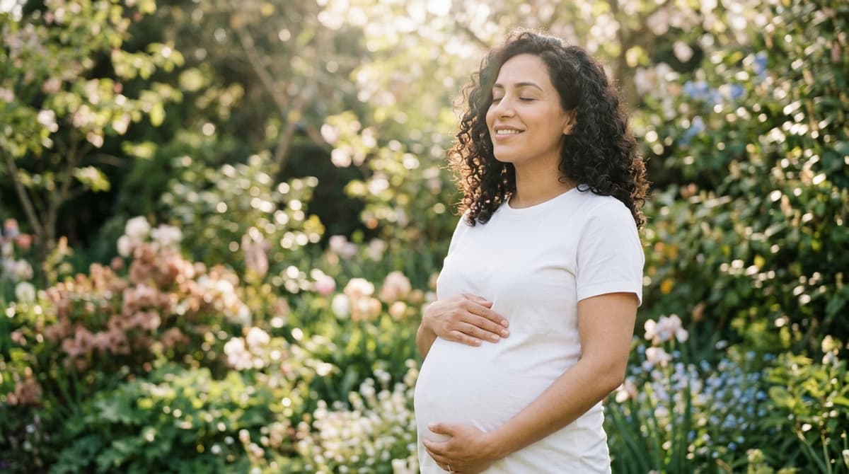 Femme enceinte souriante encadrant son ventre rond de ses mains dans un jardin printanier verdoyant
