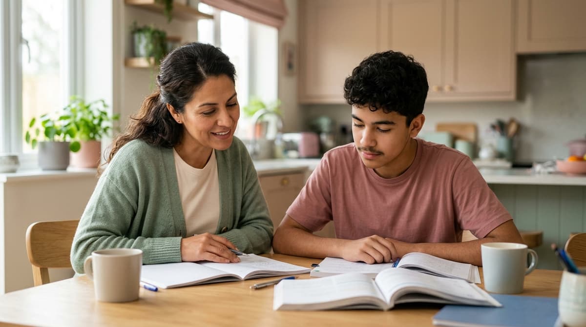 Une mère et son fils adolescent révisent ensemble pour le brevet des collèges 2026