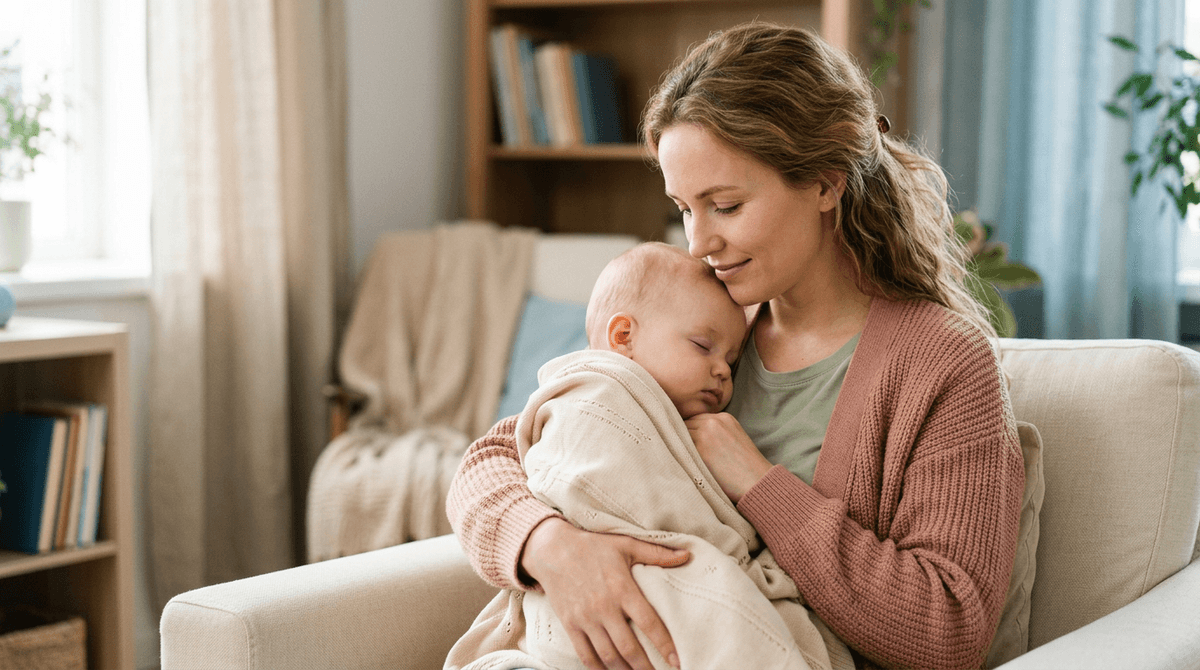 Mère réconfortant son bébé atteint de bronchiolite, dans une ambiance douce et apaisante.