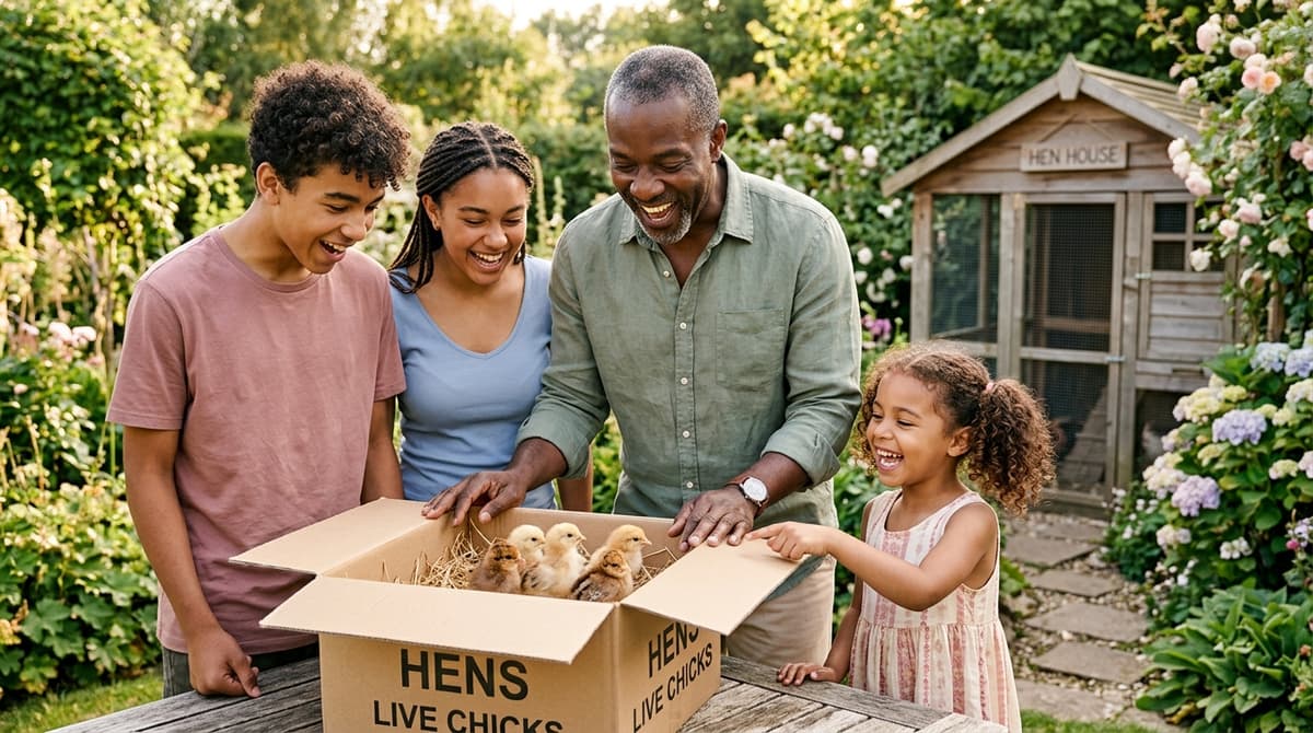 Père de famille découvrant des poules en cadeau d'anniversaire avec ses enfants dans le jardin