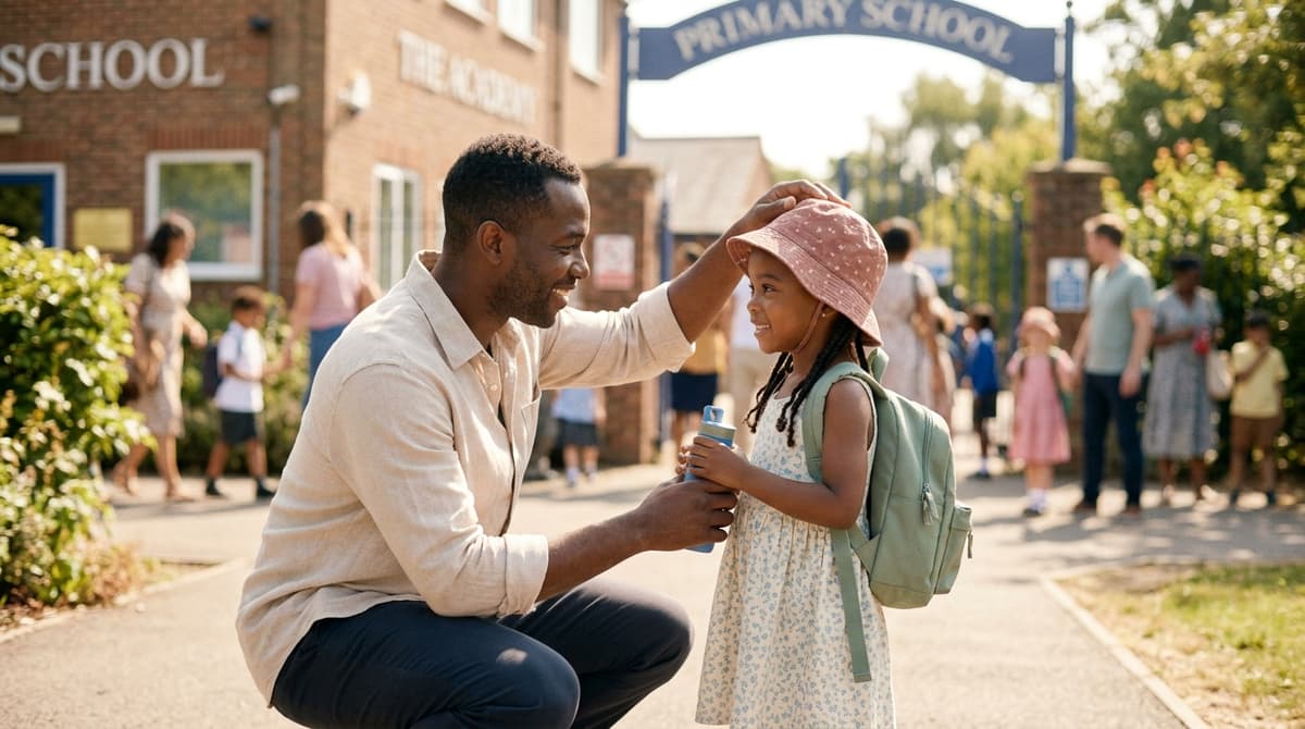 Papa protégeant sa fille de la chaleur devant l'école lors d'une canicule