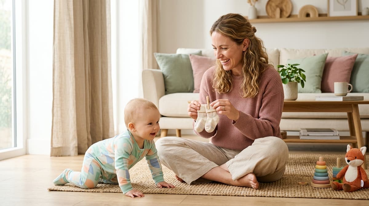 Maman souriante tenant une paire de chaussettes de bébé attachées ensemble grâce au système Clip-clothes