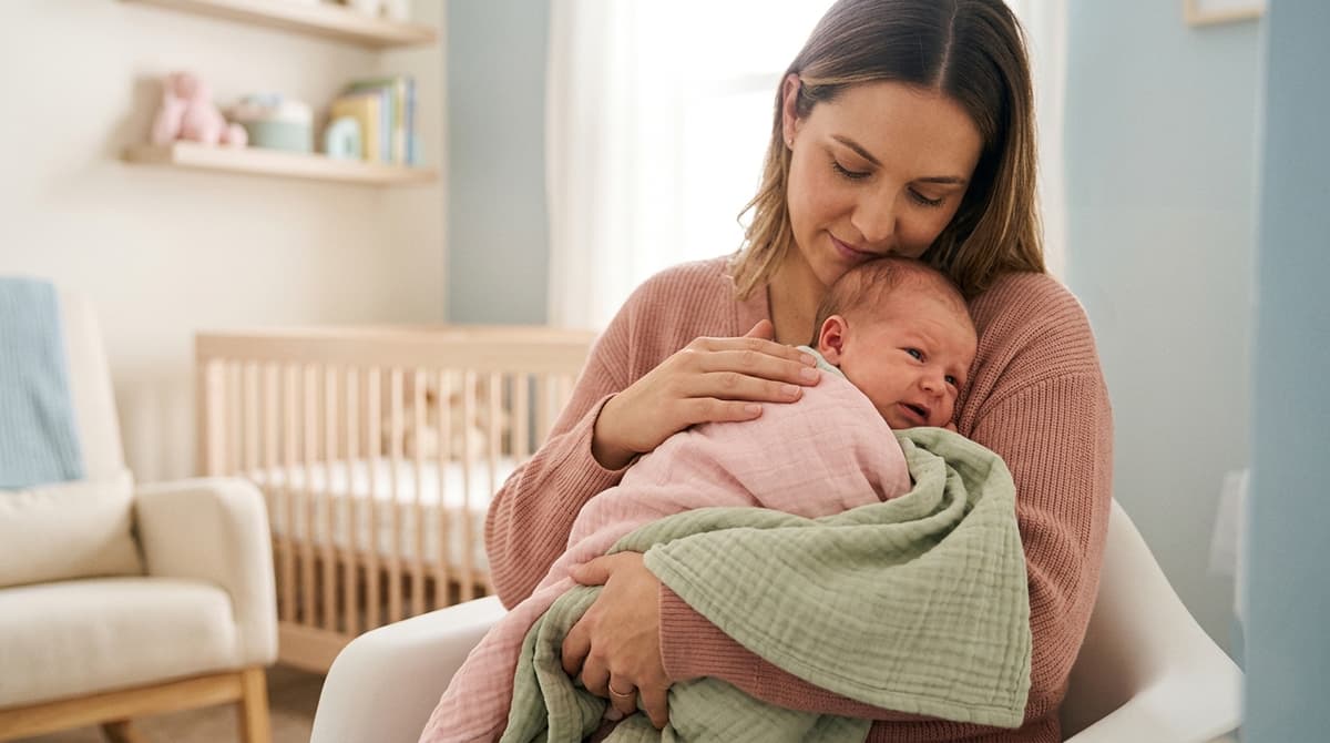 Un parent réconforte doucement son bébé agité par des coliques, dans une ambiance douce et pastel.