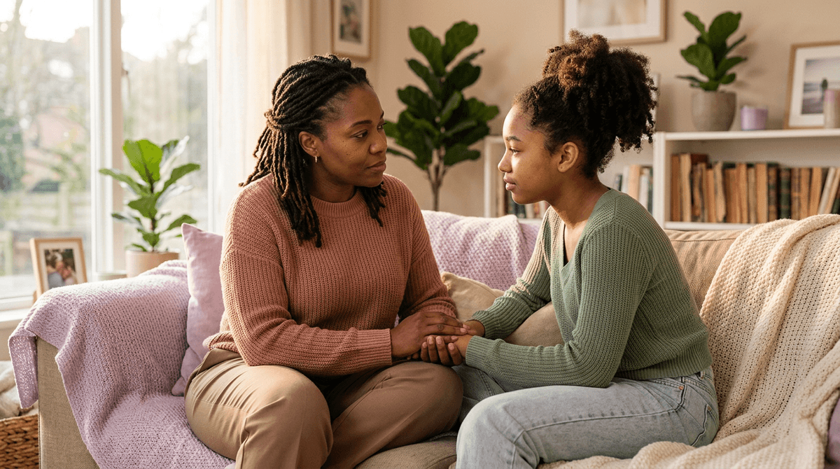 Mère et adolescente en conversation intime et bienveillante sur le canapé