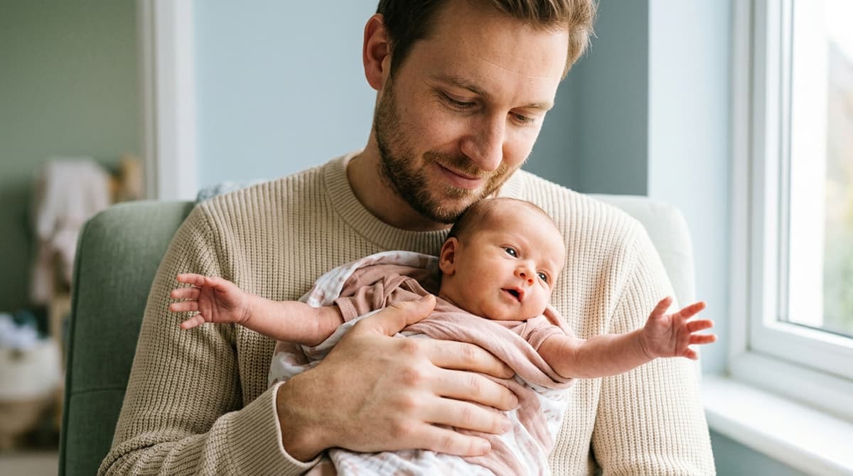Papa tenant son nouveau-né dans les bras, bébé exprimant le réflexe de Moro avec les bras écartés