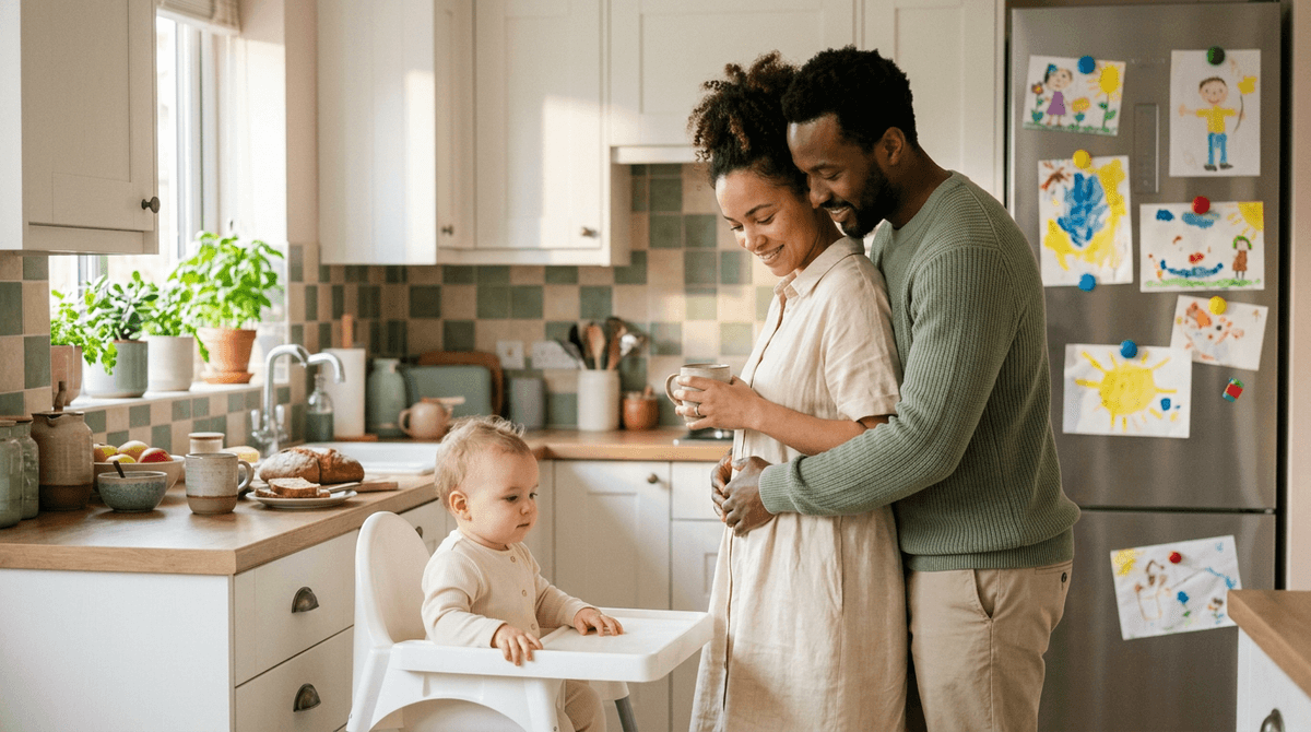 Couple de parents qui se retrouvent dans leur cuisine, moment de tendresse et de reconnexion après une longue journée
