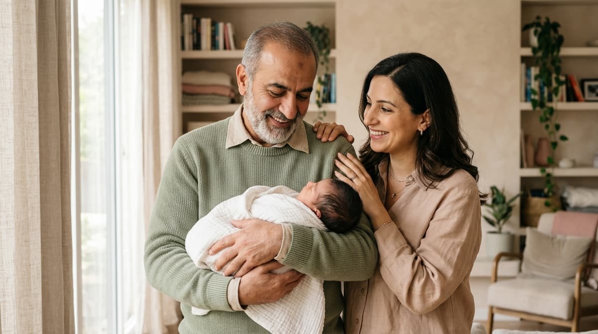 Papa senior tenant son nouveau-né dans les bras, entouré de sa compagne, illustration de la paternité tardive
