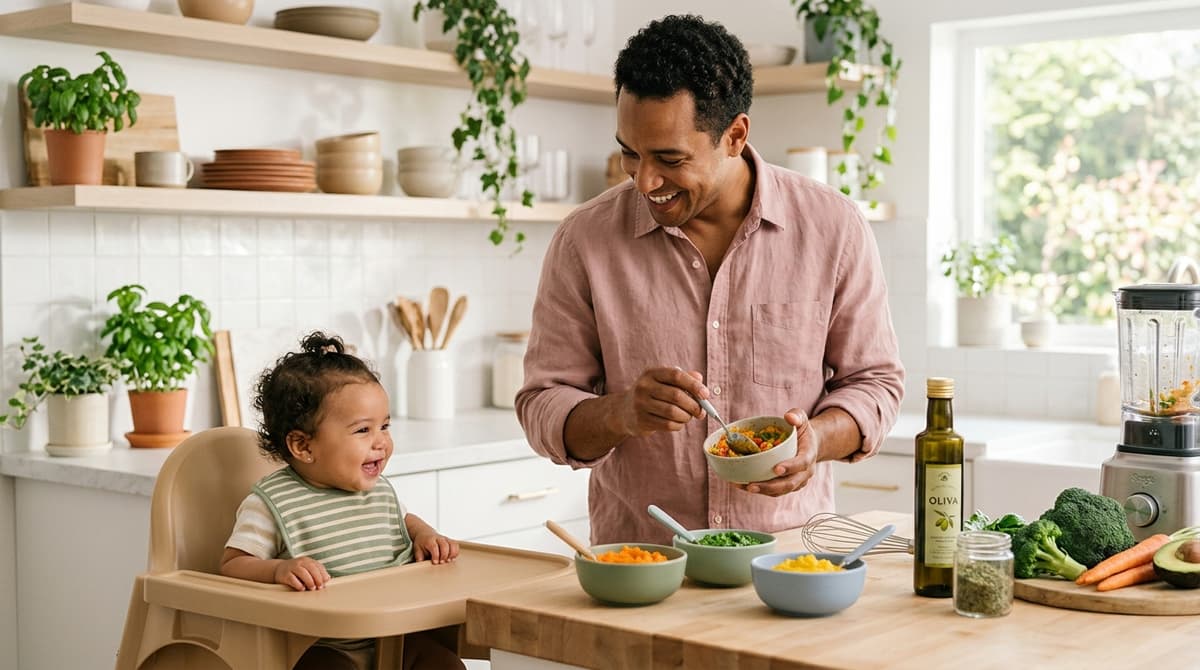 Papa préparant des purées de légumes variées pour la diversification alimentaire de son bébé