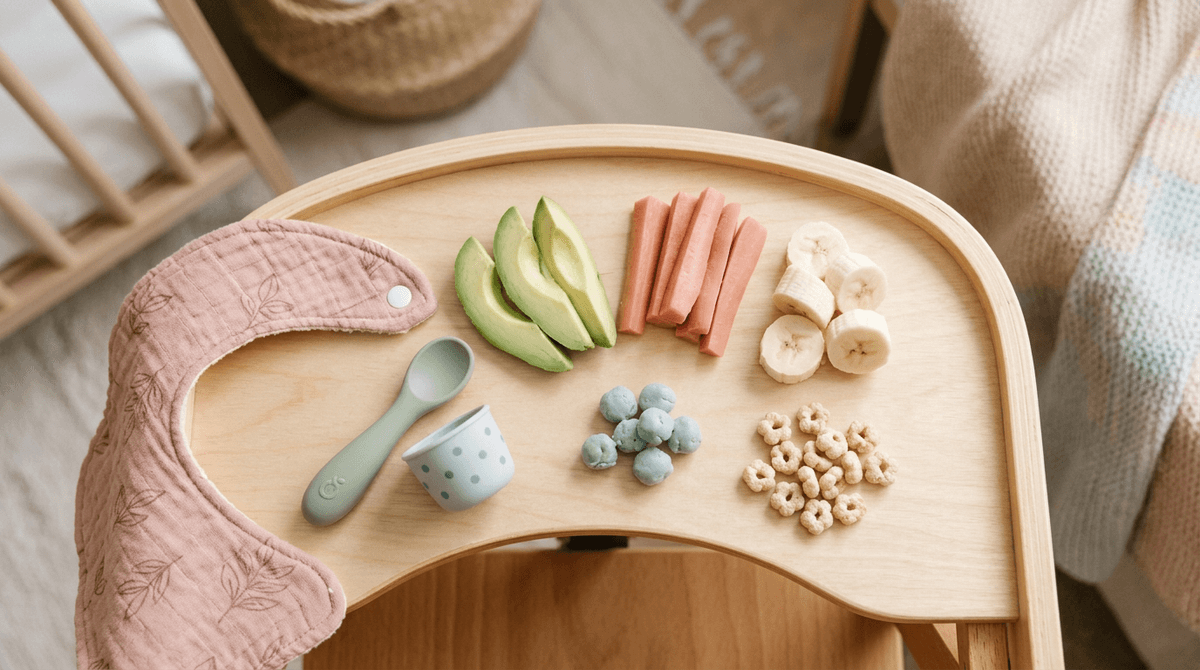 Plateau de chaise haute avec des aliments variés pour la DME, préparé pour un bébé.