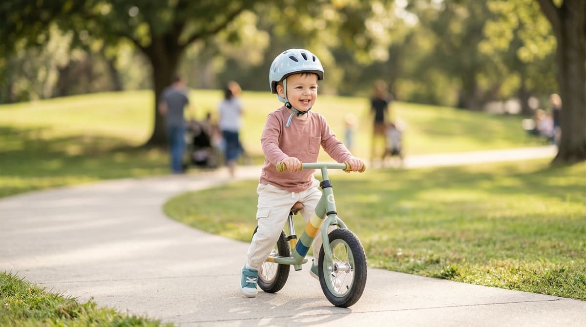 Enfant de 3 ans apprenant à faire du vélo avec une draisienne évolutive dans un parc ensoleillé