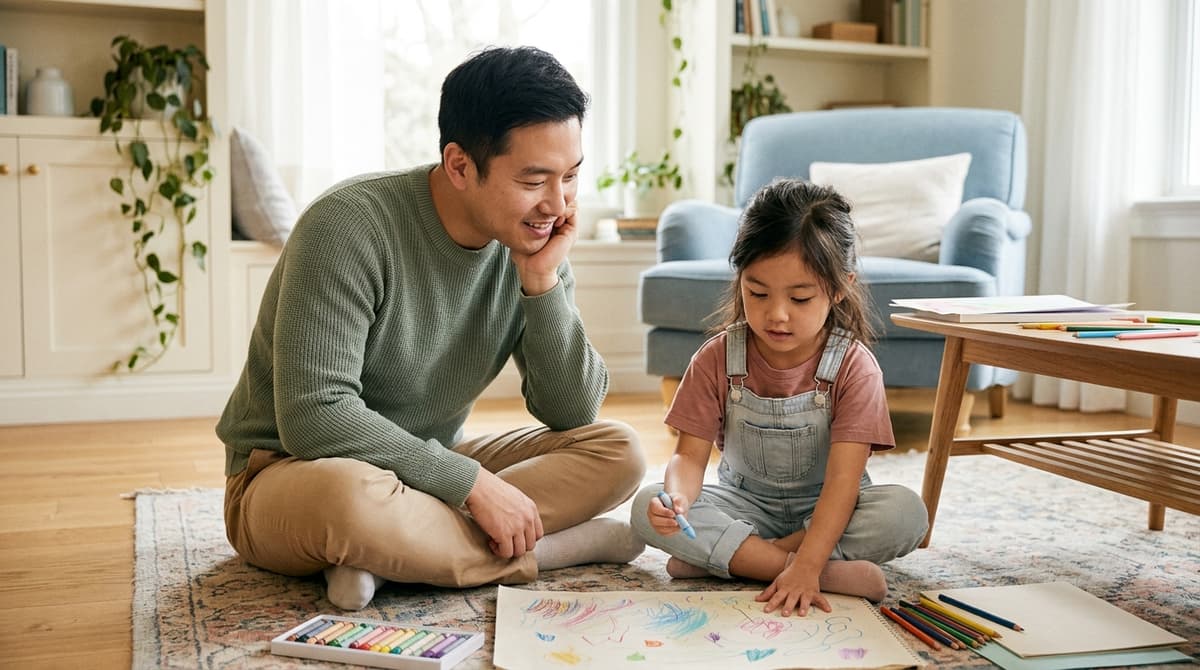 Père et fille de 5 ans faisant un dessin ensemble à la maison, développement de la motricité fine