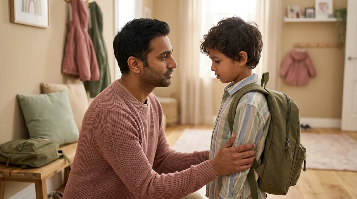 Père calme et bienveillant face à son enfant TDAH épuisé après l'école