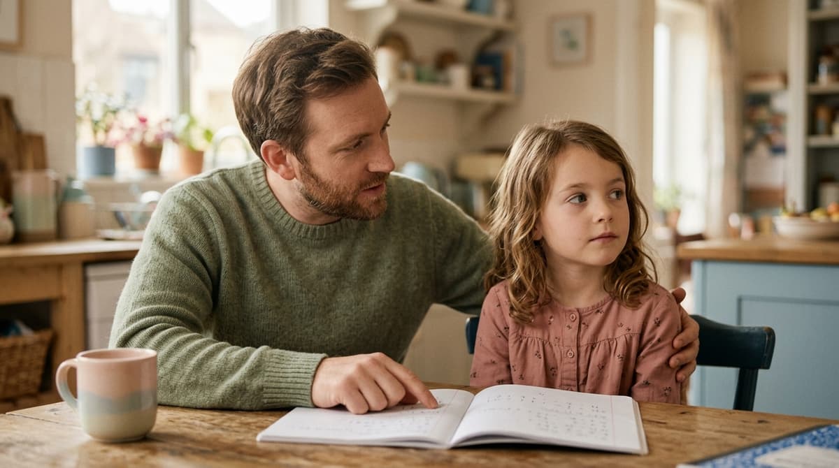Père aidant sa fille à se concentrer sur ses devoirs à la maison