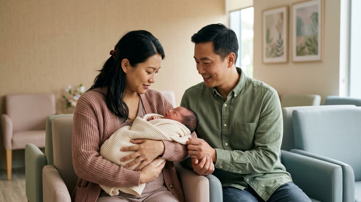 Couple interracial tenant leur nouveau-né dans une salle d'attente médicale, ambiance douce et émouvante