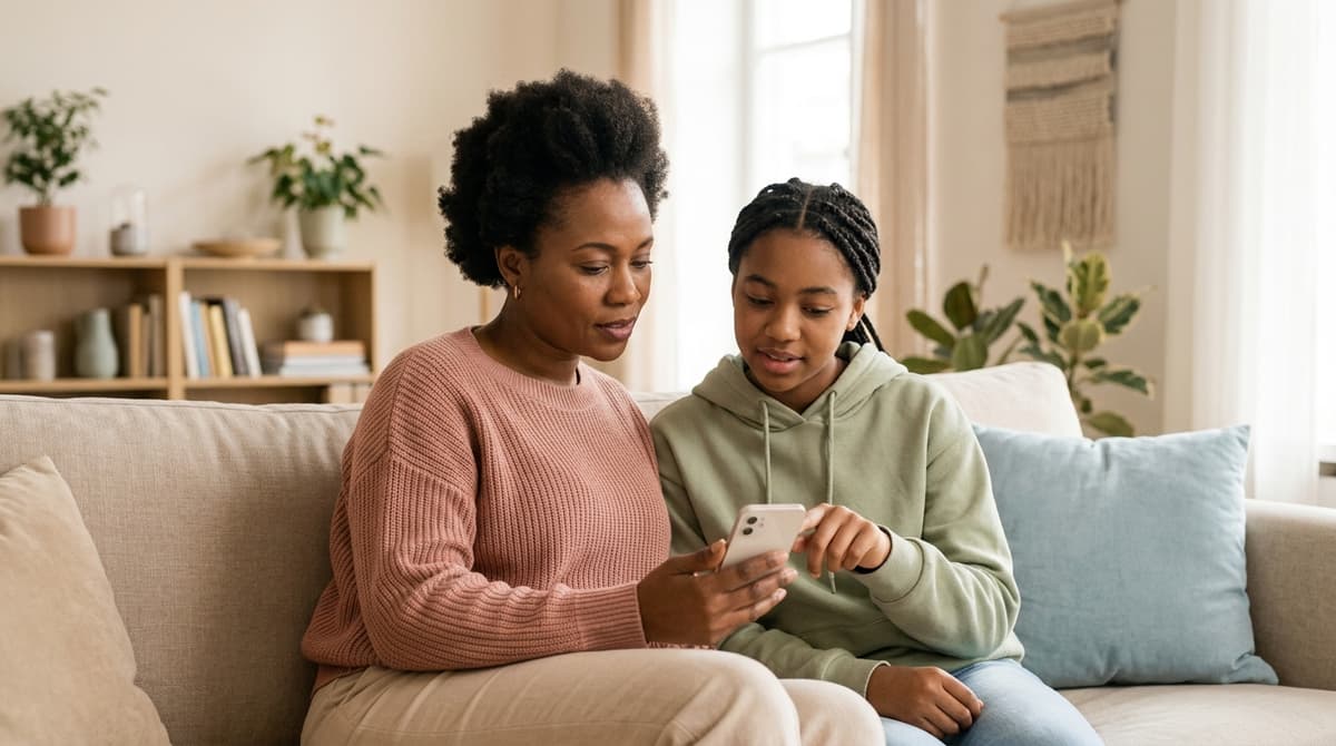 Mère et fille adolescente regardant ensemble un smartphone pour comprendre les nouveaux abonnements Meta