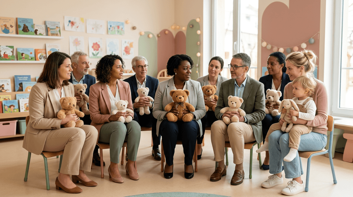 Un maire et des élus municipaux assis sur des chaises de maternelle avec des doudous pour protester contre une fermeture de classe