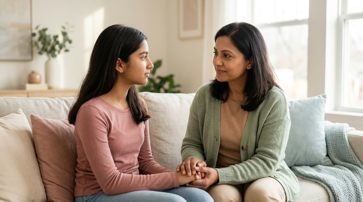 Mère et fille adolescente ayant une conversation bienveillante sur la protection et le consentement