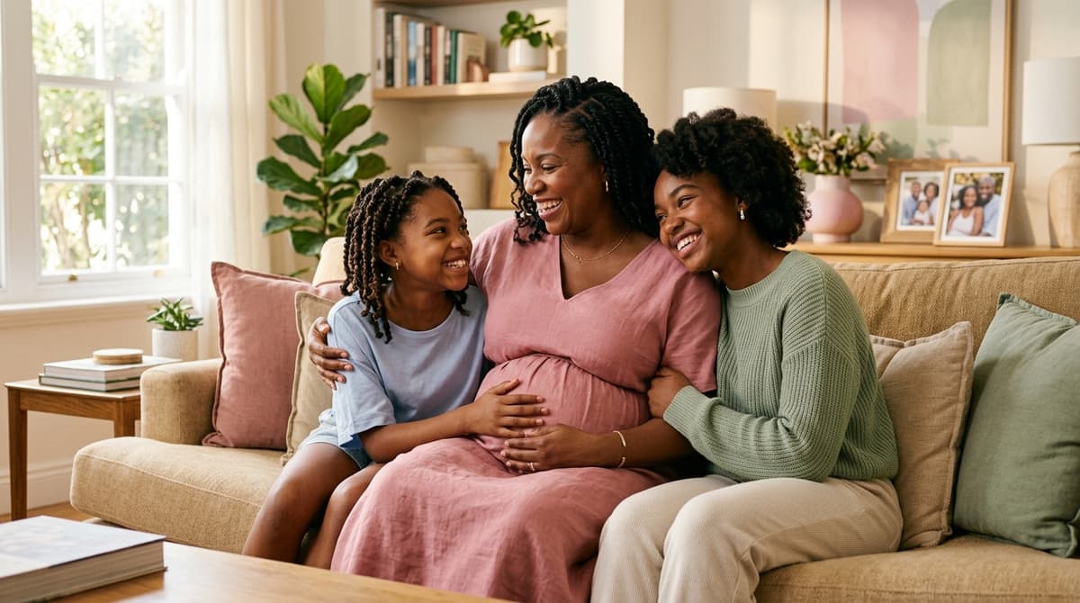 Femme enceinte à 45 ans entourée de ses enfants, maternité tardive épanouie
