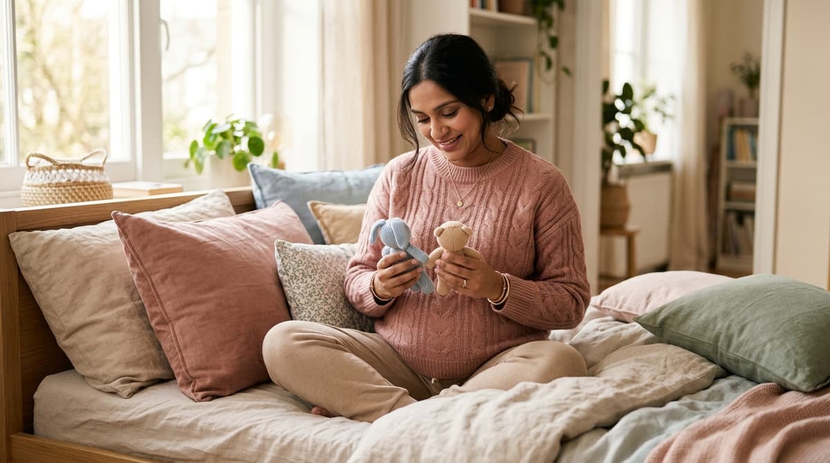 Future maman de jumeaux tenant deux peluches, assise sur un lit, grossesse gémellaire bien avancée