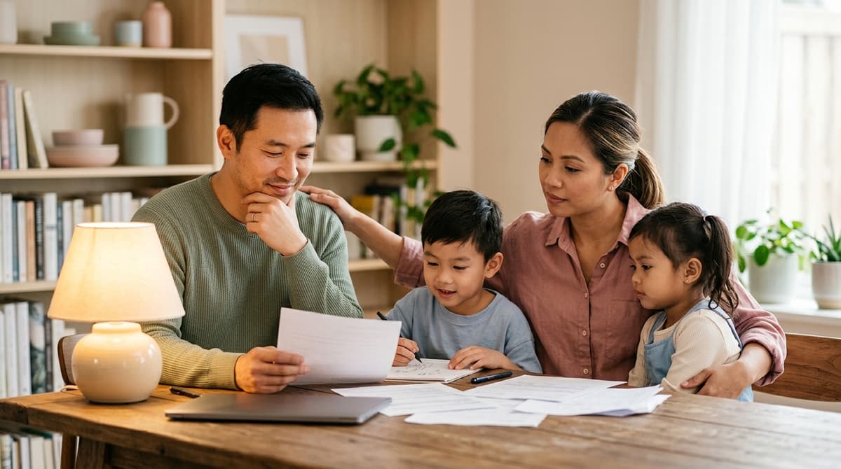Famille recomposée réunie autour de documents importants, symbolisant la transmission et l'héritage familial