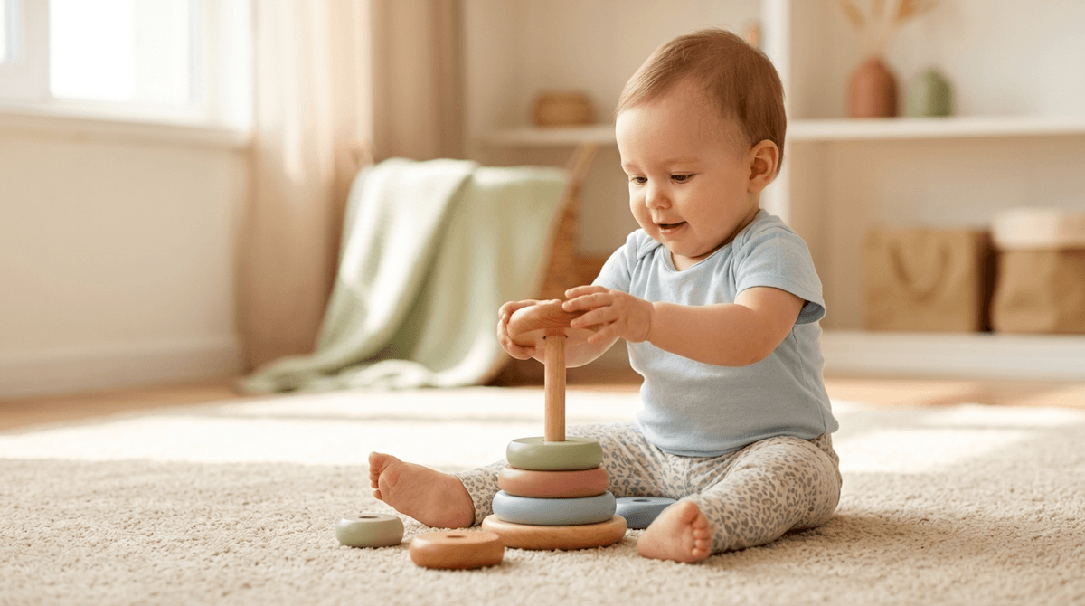 Bébé jouant avec un jeu d'éveil Montessori en bois, dans une ambiance douce et pastel.