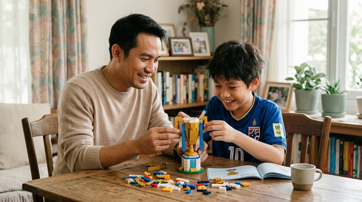 Père et fils construisant ensemble un set LEGO football trophée FIFA 2026