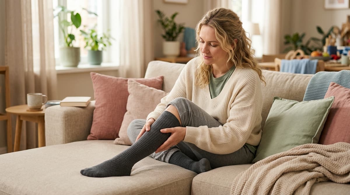Femme prenant soin de ses jambes avec des chaussettes de compression pour soulager les symptômes du lipœdème