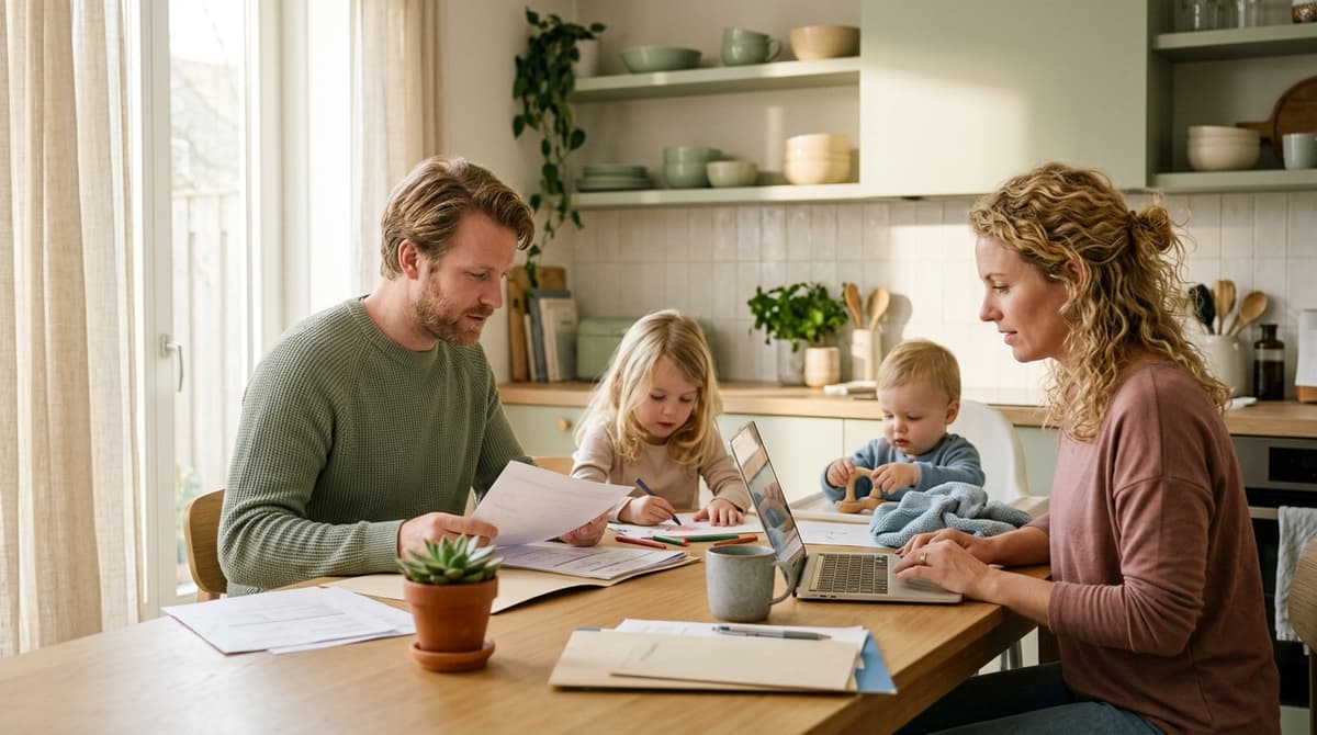 Parents latinos qui consultent leurs aides et documents administratifs en famille autour d'une table