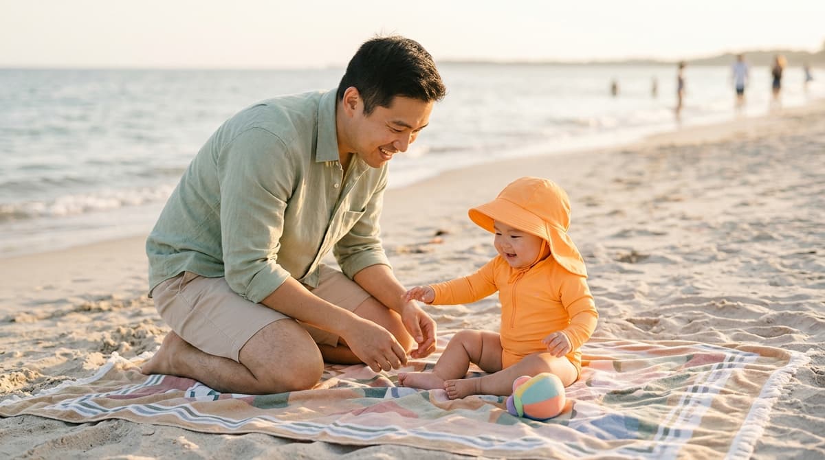 Papa et bébé à la plage, bébé portant un maillot de bain anti-UV orange avec chapeau de soleil