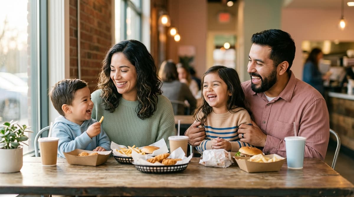 Famille latino joyeuse partageant un repas au restaurant avec leurs deux enfants