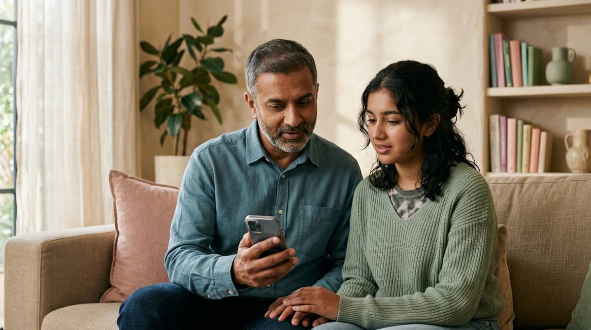 Un père et sa fille adolescente regardent ensemble un smartphone pour comprendre les paramètres de contrôle parental Meta AI
