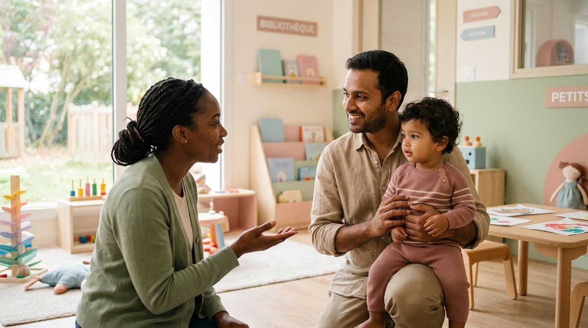 Père et son enfant en bas âge lors d'une visite de crèche en France