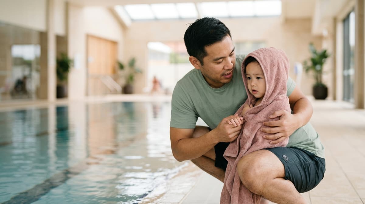 Un père et son enfant au bord d'une piscine intérieure, illustrant la sécurité aquatique des enfants