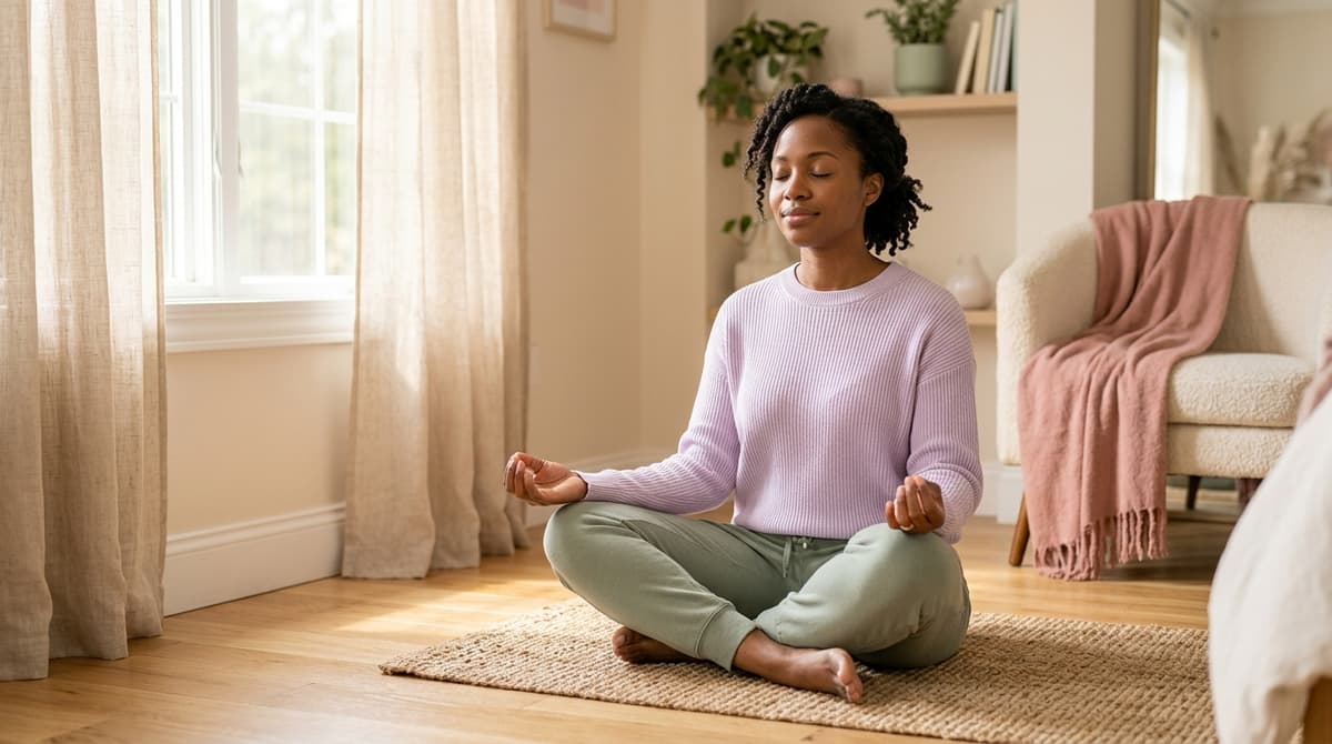 Femme pratiquant la méditation et le yoga tantrique dans une pièce lumineuse et apaisante