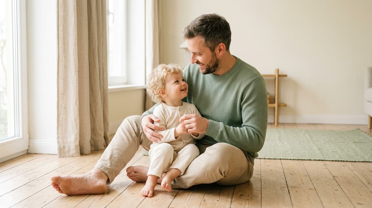 Père latino complice avec son jeune fils dans un moment de tendresse authentique à la maison
