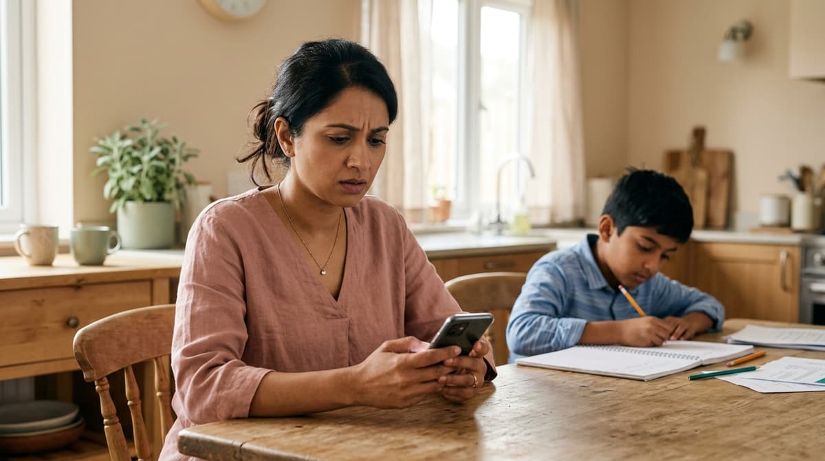 Mère regardant son téléphone avec inquiétude pendant que son fils fait ses devoirs seul