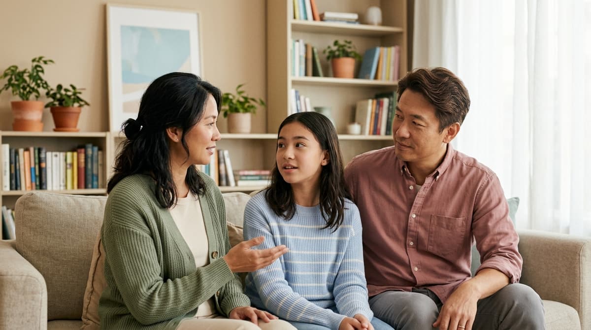 Parents ayant une conversation ouverte et bienveillante sur la sexualité avec leur adolescente dans un salon chaleureux
