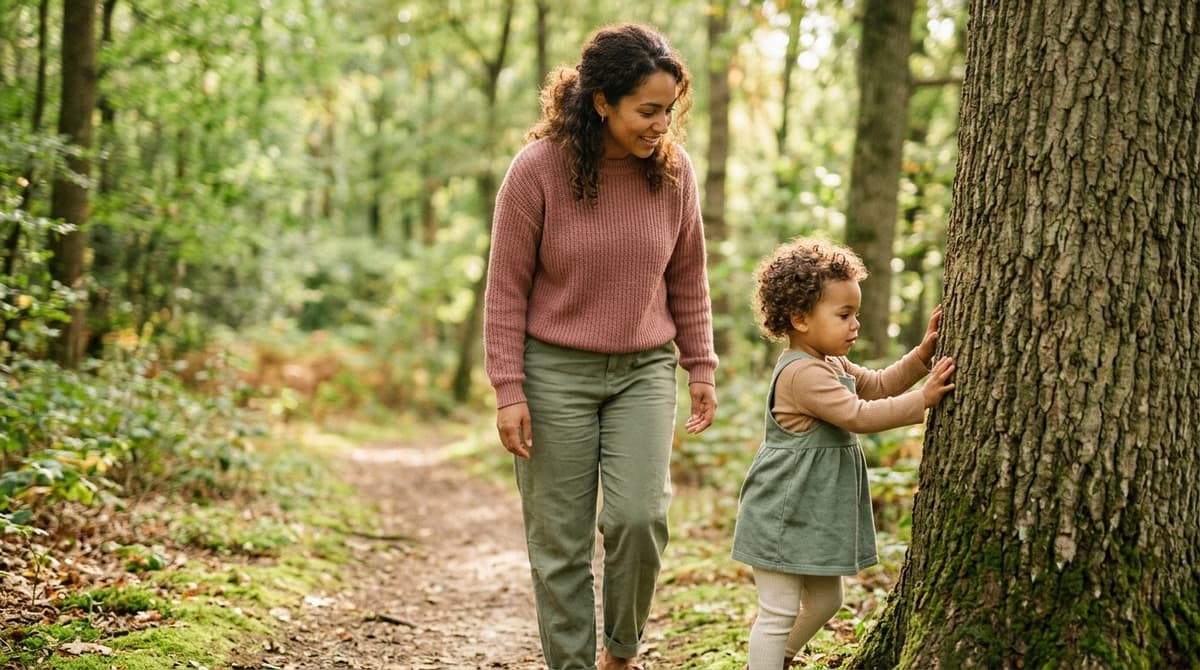 Maman et bébé de 2 ans explorant un sentier en forêt, main dans la main, lumière naturelle douce