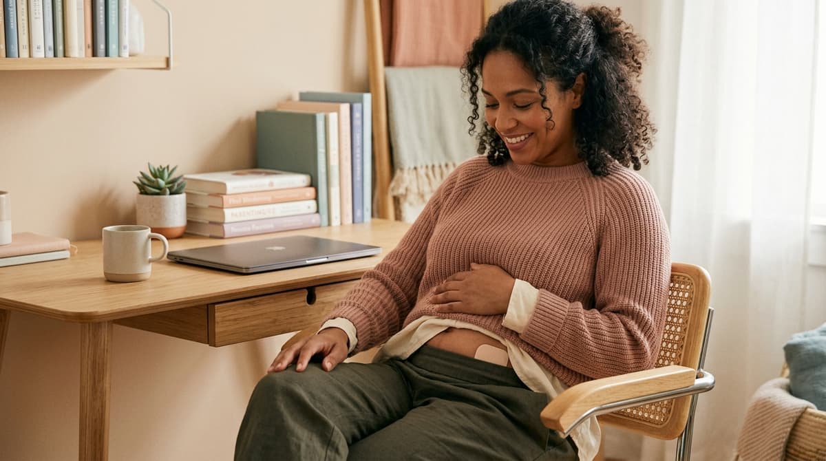 Femme soulagée de ses douleurs de règles grâce à un patch chauffant menstruel au bureau