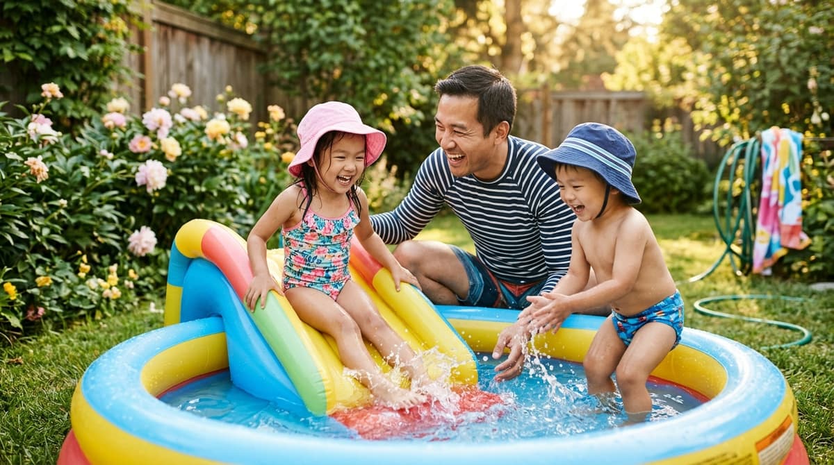 Papa et enfants jouant dans une piscine gonflable avec toboggan dans le jardin en été